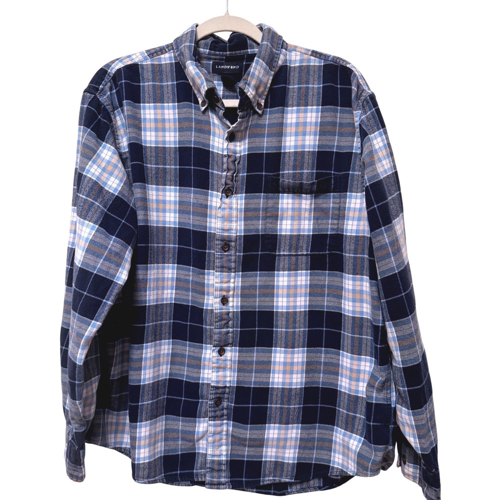 Lands End Mens XL Traditional Fit Plaid Flannel Shirt Navy Blue Long Sleeve